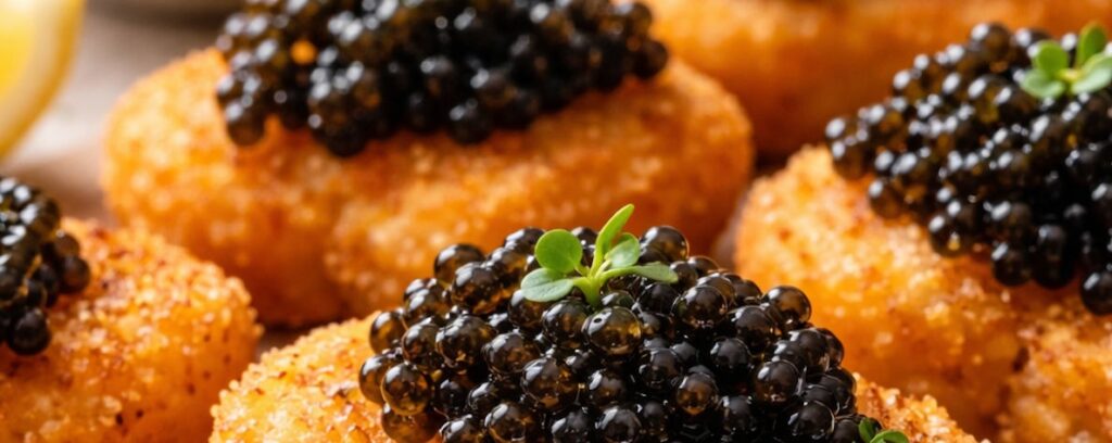 Golden-brown fried chicken nugget patties topped with glossy black caviar and garnished with fresh green herbs, creating a luxurious and appetizing display.