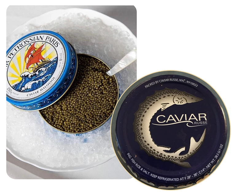 Two tins of caviar, one open with a spoon on ice, the other closed. Blue and gold designs with ship and fish motifs. Text: Petrossian Paris, Caviar Russe.